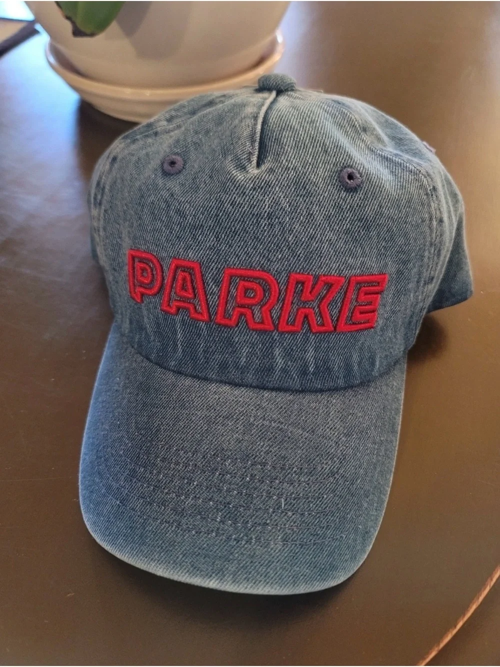 PARKE Denim Baseball Cap in Blue with Red Embroidery